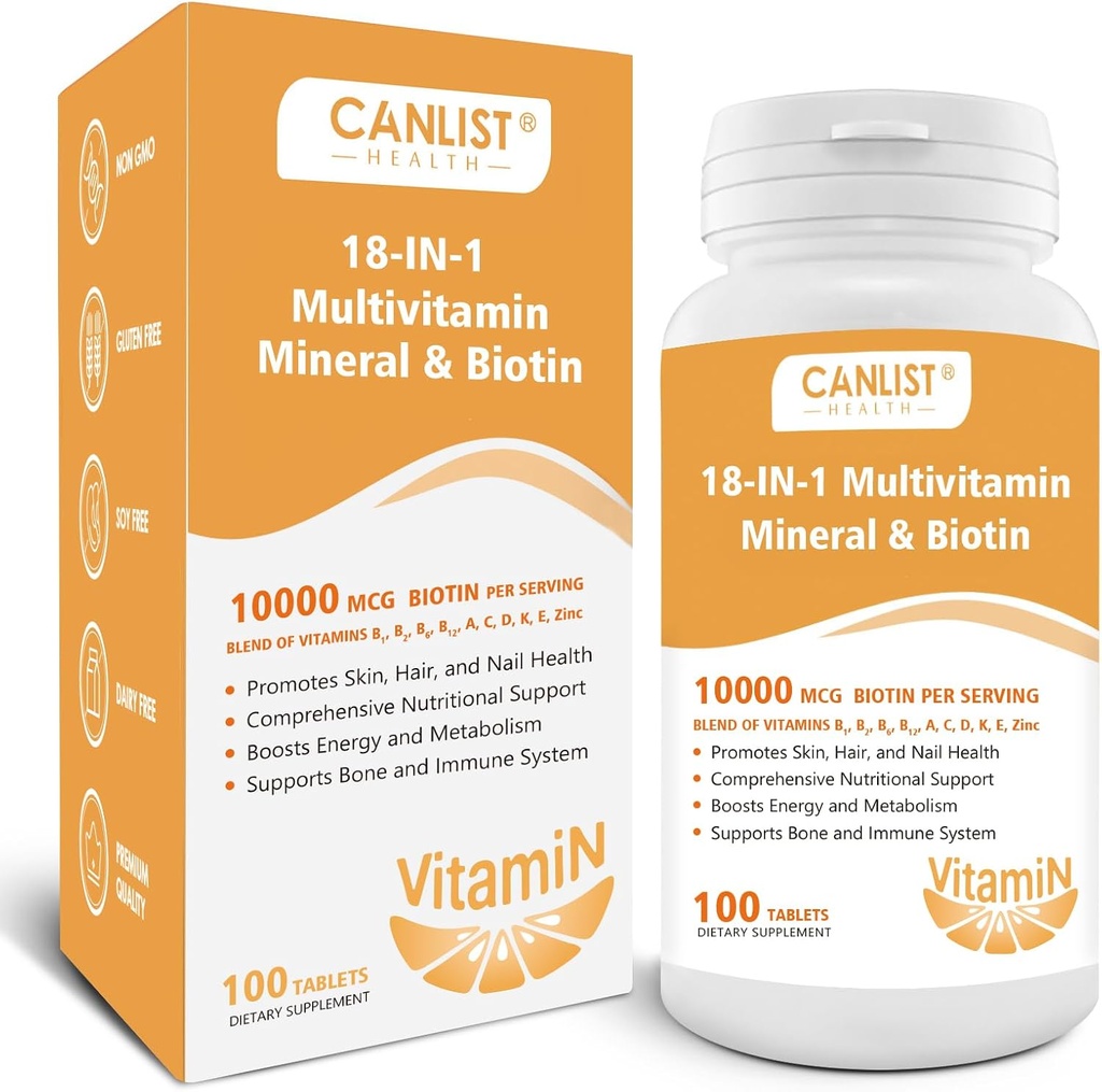 Hair Skin and Nails Multi-Vitamin with Biotin for Men & Women - 100 Tablets Free of Gluten, Dairy, and Soy