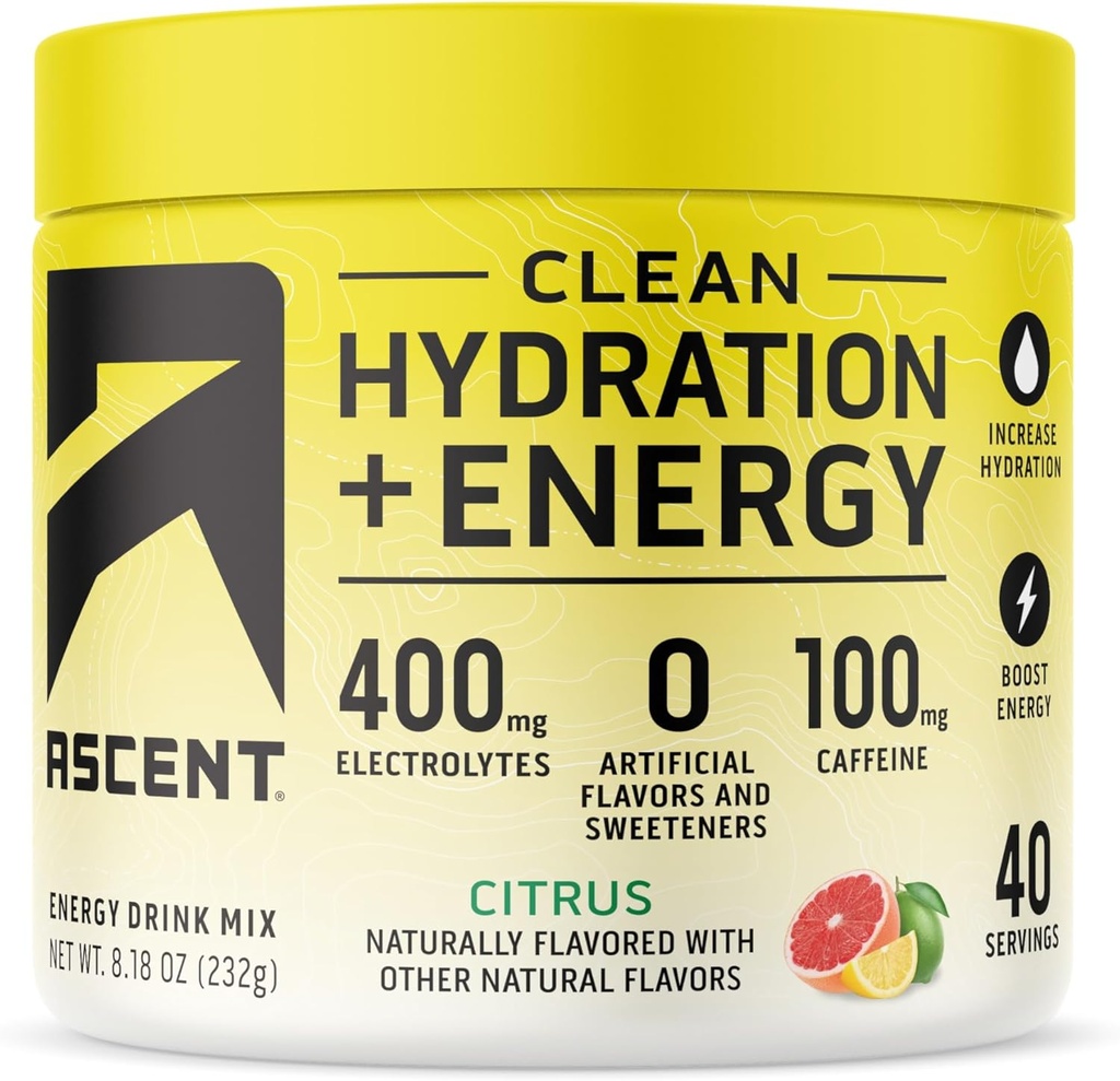 Energy-Boosting Citrus Electrolyte Powder with 100mg Caffeine - 400mg Electrolytes, 40 Servings, No Artificial Ingredients