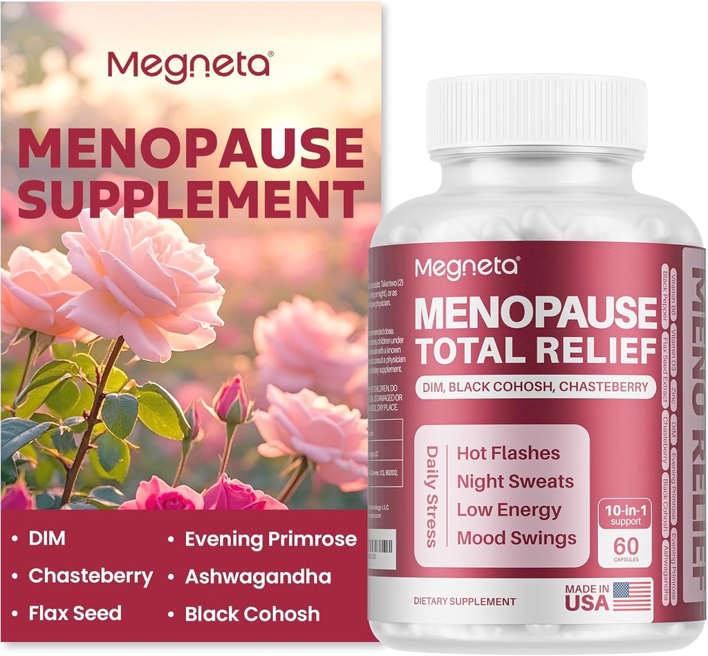 Natural Menopause Relief Supplement with Black Cohosh, DIM, Chasteberry, Evening Primrose, Flax Seed & Ashwagandha - 60 Capsules