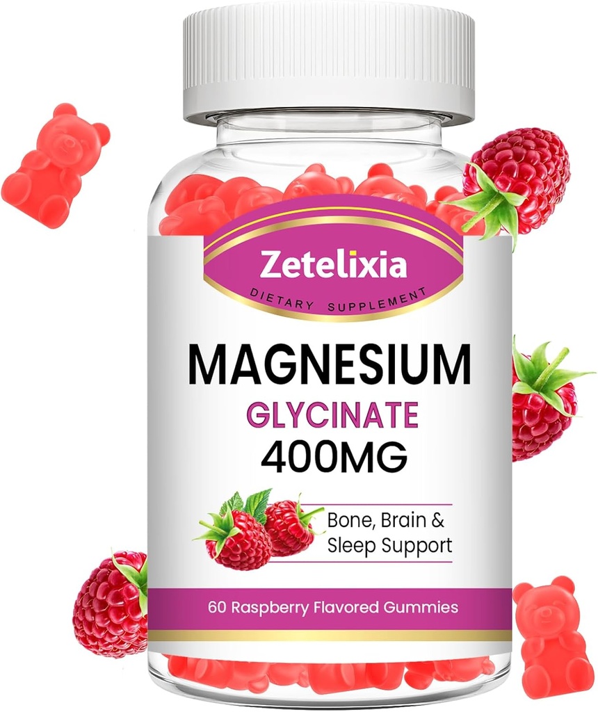 High Absorption Raspberry Magnesium Glycinate Gummies - 60 Sugar-Free Chews for Relaxation in Adults & Kids by Zetelixia