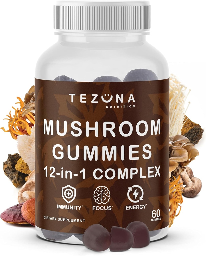 Tezuna Nutrition Mushroom Gummies 2 Pack - 12-in-1 Complex 3000mg Supplement with Lions Mane, Turkey Tail, Reishi, Cordyceps Extracts - Nootropic Brain Supplement for Memory, Focus, Immunity, Energy Boost