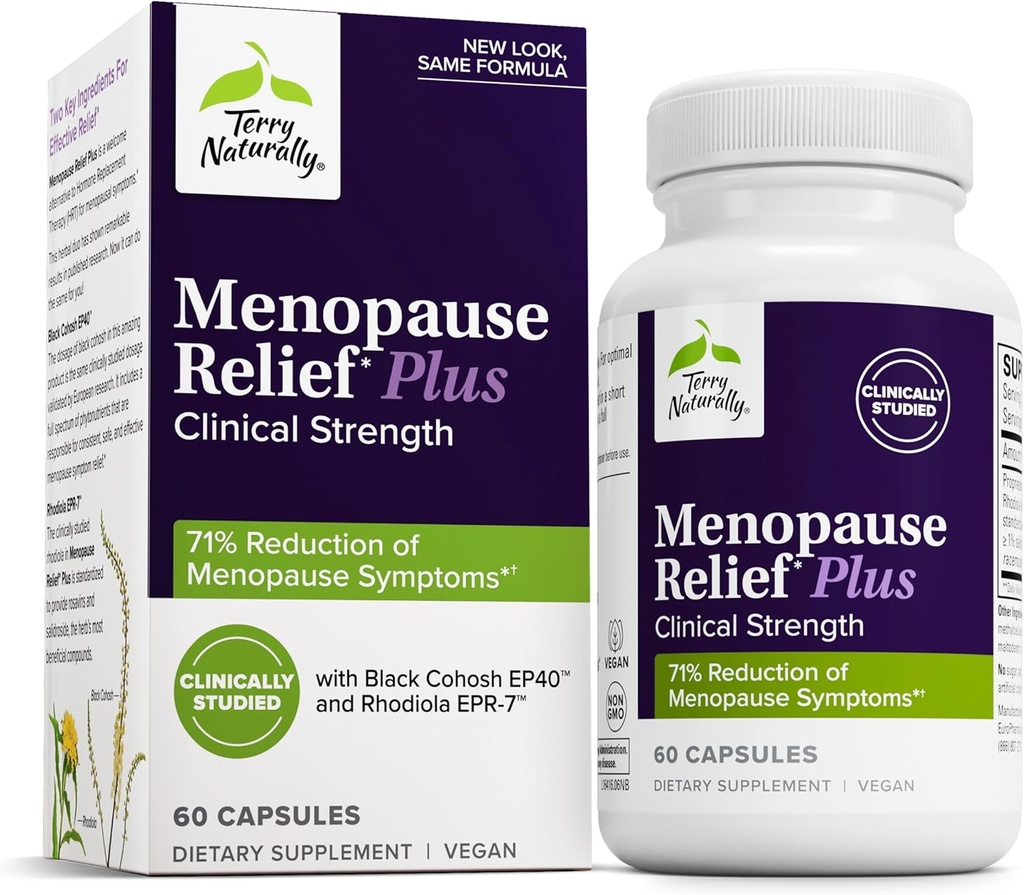 Terry Naturally Menopause Relief Plus Capsules - Clinical-Strength Formula with Rhodiola & Black Cohosh - Non-GMO, Vegan, Gluten Free - 30 Servings