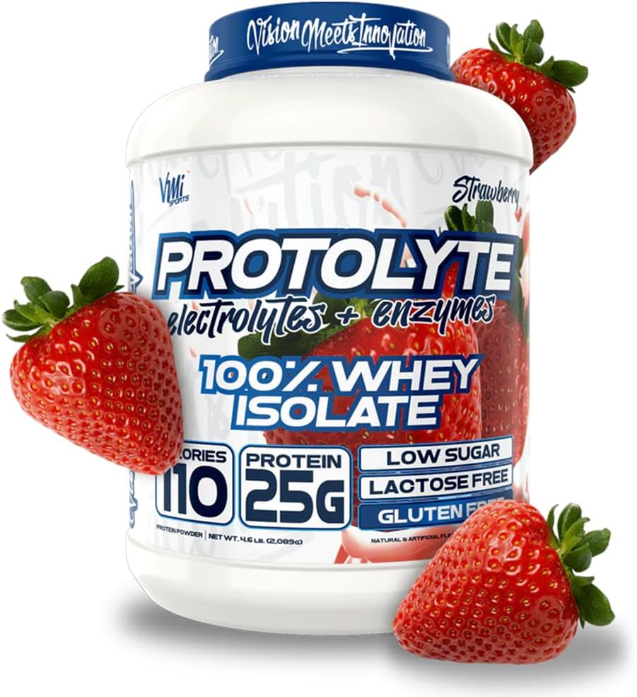 VMI Sports Protolyte Whey Isolate Protein Powder - Strawberry Milkshake, 4.6 Pounds - Low-Calorie Protein for Slimming Formula and Muscle Gain - Non-GMO
