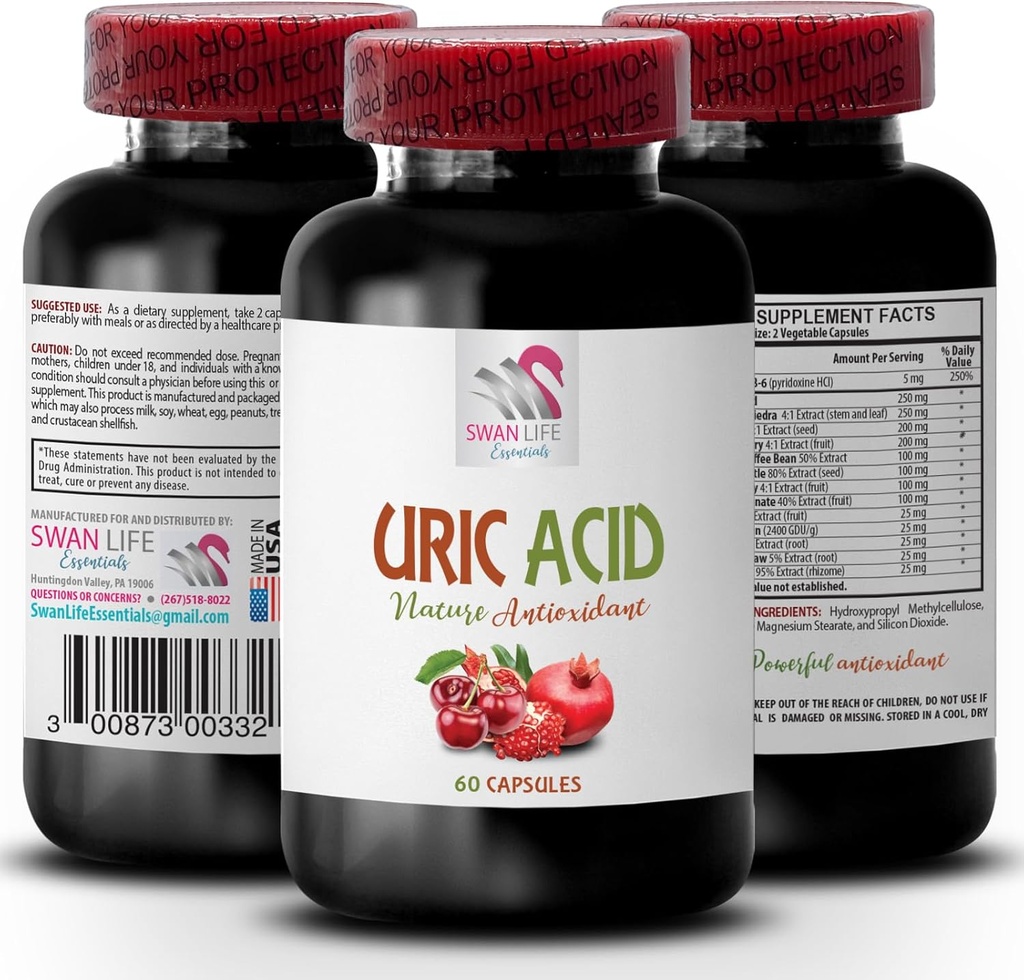 SWAN LIFE ESSENTIALS Uric Acid Control Capsules - Reduce Uric Acid Formation and Buildup Fast with Cranberry and Tart Cherry Extract - 60 Capsules