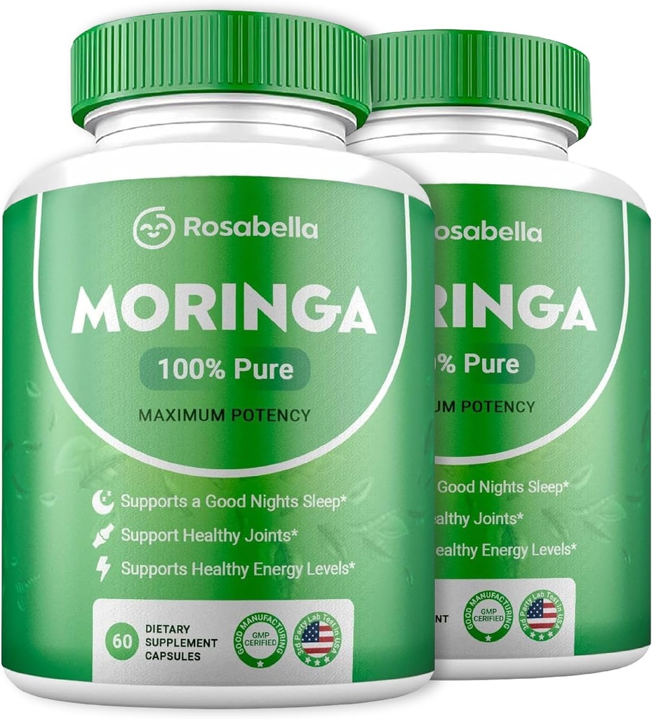 Rosabella Moringa Powder Capsules - Natural Green Antioxidant Superfood for Energy, Skin & Gut Health - Rich in Essential Vitamins & Amino Acids - 2 Pack