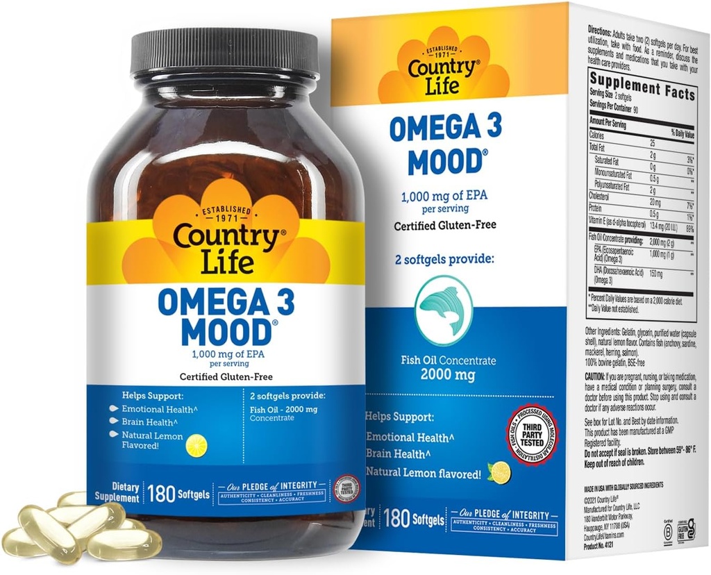 High Concentration Omega 3 Fish Oil Supplement - 2000mg EPA and DHA for Emotional Health and Mood Support - Natural Lemon Flavor - No Fish Taste