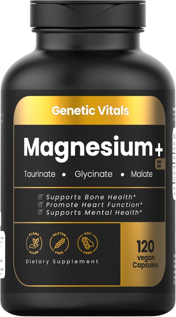 Triple Magnesium Complex 300mg Capsules for Stress Relief & Heart Health - Chelated Glycinate, Malate, Taurate - 120 Count