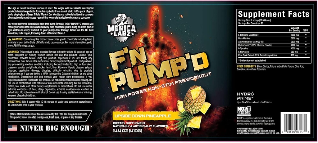 Merica Labz F'N Pump'D Stimulant-Free Pre-Workout Powder - Nitric Oxide Booster with Upside Down Pineapple Flavor - 20 Servings