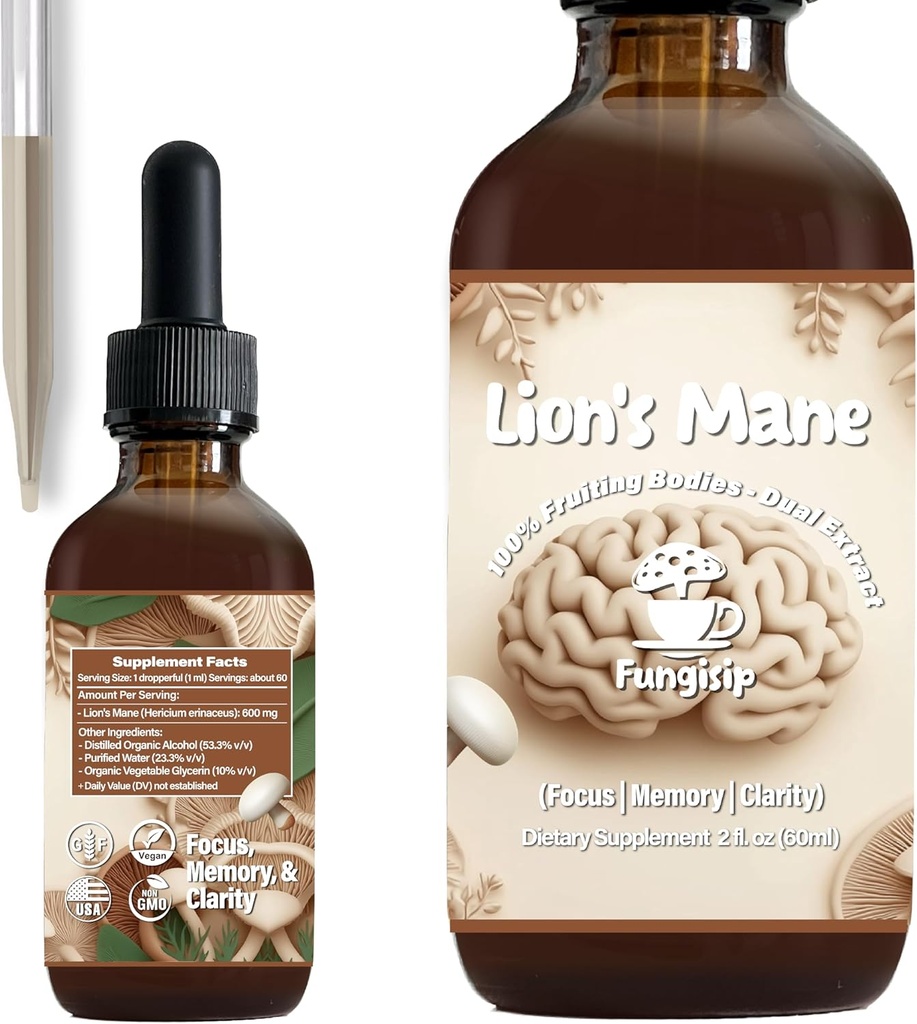 Organic Lion’s Mane Tincture for Enhanced Brain Function and Focus - 2 oz Liquid Mushroom Extract