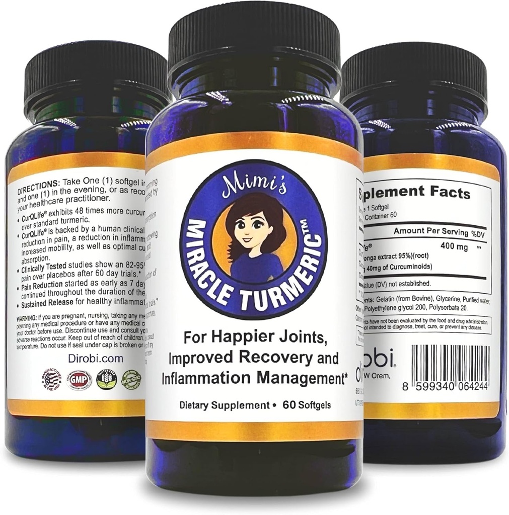 Mimi's Miracle Turmeric Capsules: Micelle Curcumin Supplement, Clinical Trials Show Relief in 7 Days, 10x More Bioavailable (60 Count)