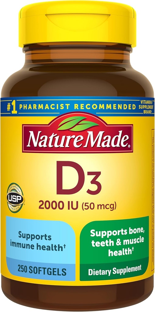 Vitamin D3 2000 IU Softgels for Bone, Teeth, Muscle & Immune Health Support - 250 Day Supply