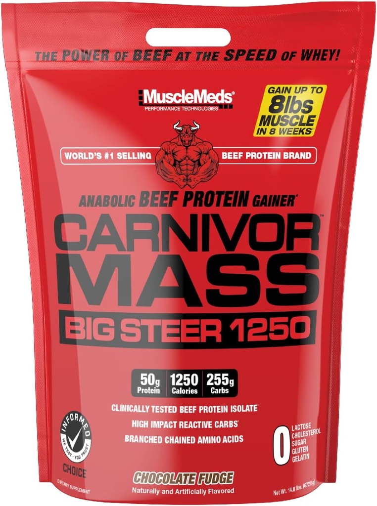 MuscleMeds Carnivor Mass Chocolate Big Steer 1250, 15 Lb - High Protein Weight Gainer Supplement