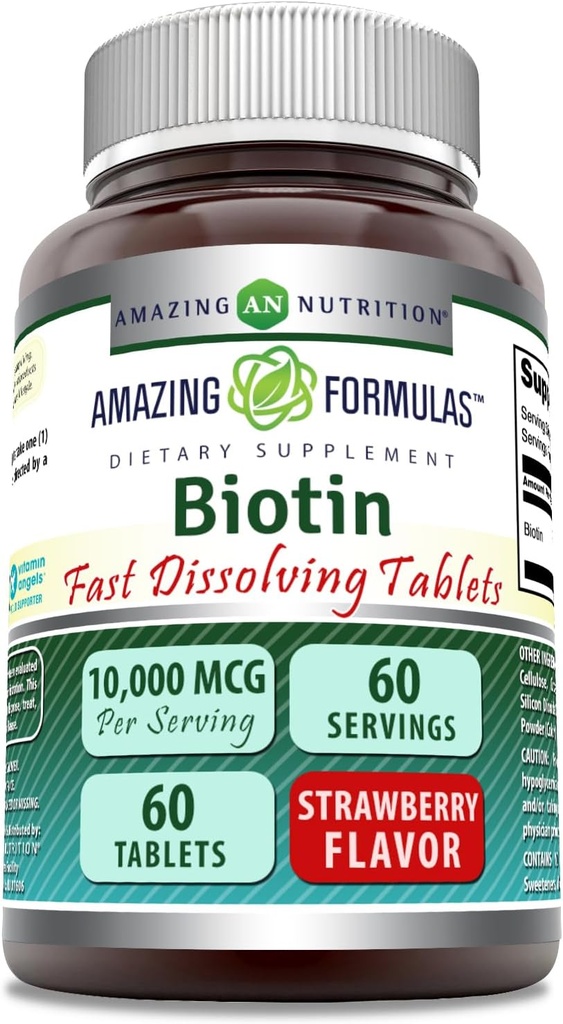 Amazing Formulas Biotin 10,000 mcg Fast Dissolve Tablets - Non-GMO Gluten Free Supplement - Made in USA - Strawberry Flavor - 60 Count