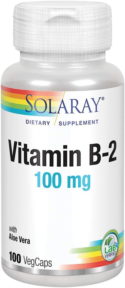 Solaray Vitamin B-2 Riboflavin 100mg Capsules with Aloe Vera for Healthy Energy Metabolism, Skin, Hair, and Nails - 100 Count