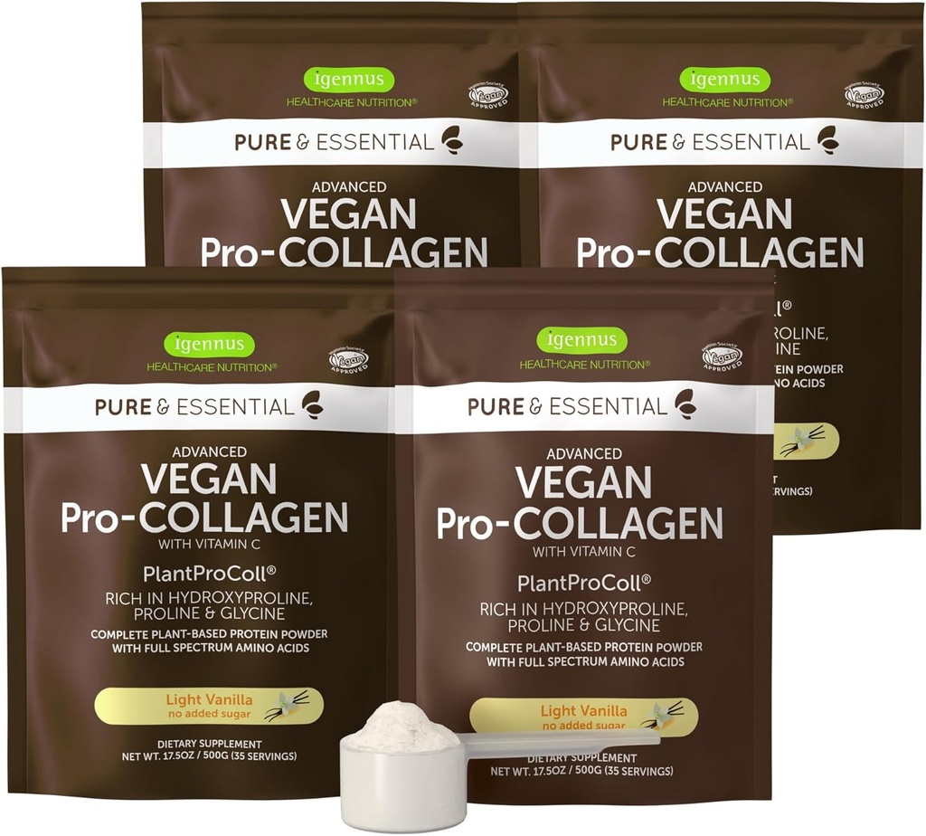 Igennus Vegan Vanilla Collagen Peptide Powder with Vitamin C - Non GMO Plant Based Booster - 140 Servings