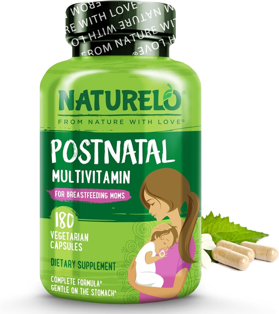 NATURELO Postnatal Multivitamin for Breastfeeding Women - Plant-Based with Vitamin D, Folate, Iron - Lactation Support Supplement for Nursing Mother and Baby (180 Count)