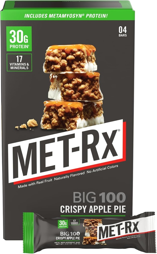 MET-Rx Big 100 Colossal Protein Bars, 4 Count, Crispy Apple Pie Flavor Meal Replacement Bars