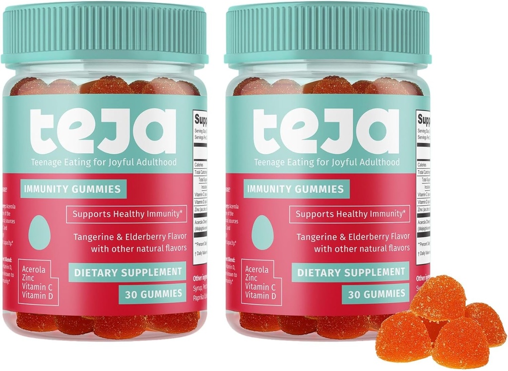 TEJA Immunity Gummy Vitamins: Daily Support for Teens & Adults with Vitamins C, D, Zinc - 30 Gummies (2 Pack)