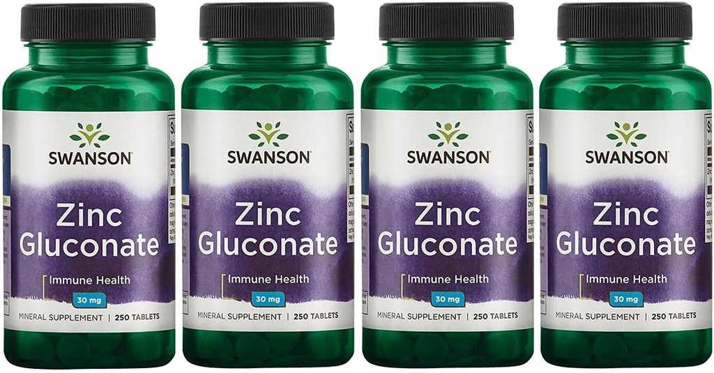 Swanson Zinc Gluconate Tablets - Mineral Supplement for Prostate, Vision, & Immune Health - Optimal Absorption - (250 Tablets x 30mg) 4 Pack