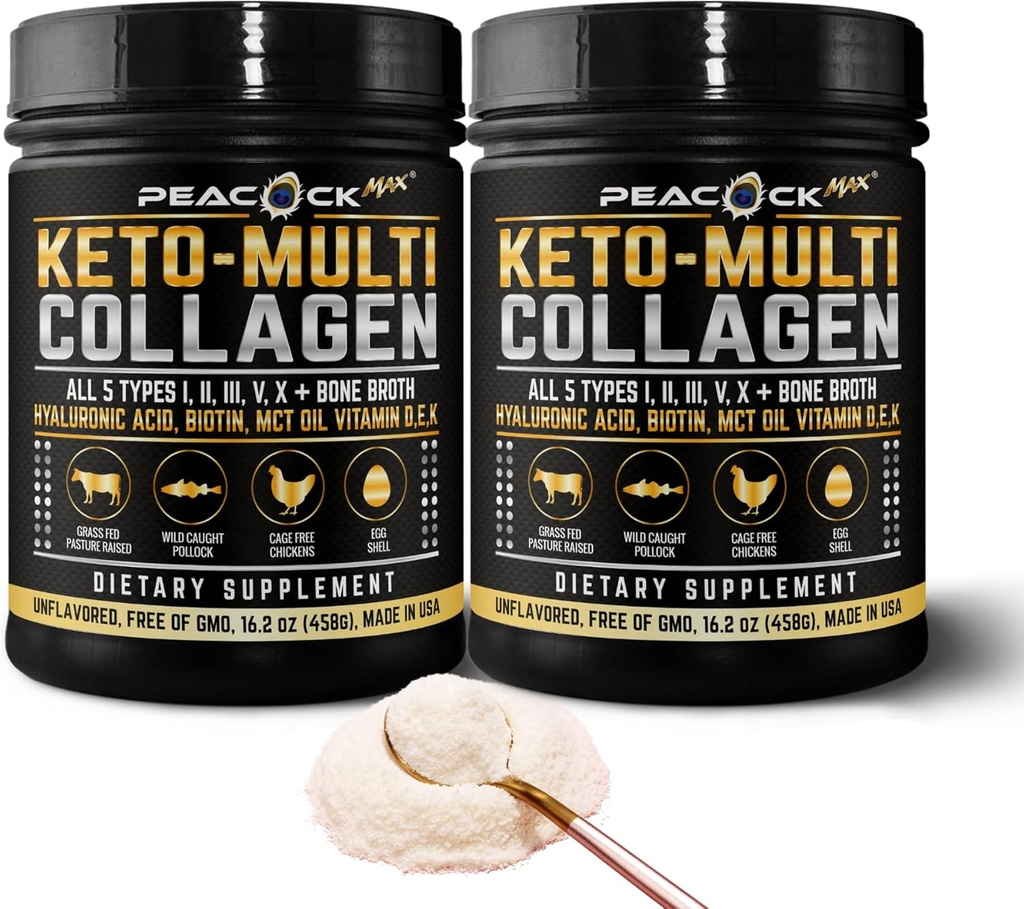 Pack of 2 Peacock Max Keto Multi Collagen Peptides 16.2 oz - Unflavored Bone Broth Protein Powder with MCT Oil for Joint, Skin, Hair & Gut Health