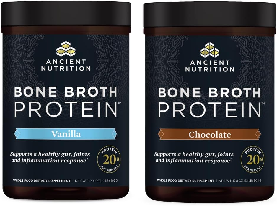 Bundle: Ancient Nutrition Bone Broth Protein Powder - Vanilla & Chocolate, 20 Servings Each