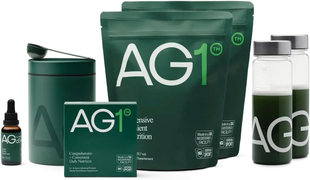 AG1 Greens Powder Supplement for Improved Gut Health - Family Starter Kit with 75 Vitamins | Multivitamin, Probiotic, Gluten Free, Vegan, Keto Friendly