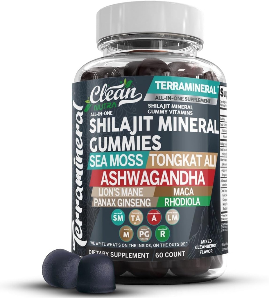 Clean Nutra Terramineral Shilajit Gummies with Sea Moss, Tongkat Ali, Ashwagandha, Lion's Mane, MACA, Ginseng, Rhodiola, & Cordyceps