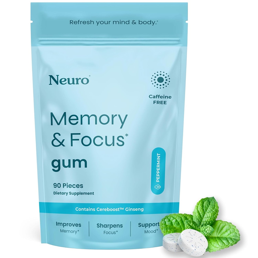 NeuroGum Memory & Focus Gum (90 Pieces) - Decaf & Sugar Free with American Ginseng, L-theanine, Vitamin B12 & B6 for Mental Alertness - Brain Supplements for Memory and Focus - Peppermint Flavor