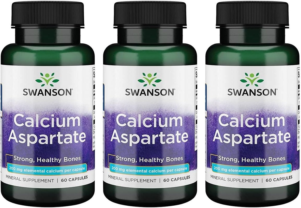 Swanson Calcium Aspartate Capsules - Natural Herbal Supplement for Bone, Heart, & Muscle Health - 60 Capsules x 200mg - Pack of 3