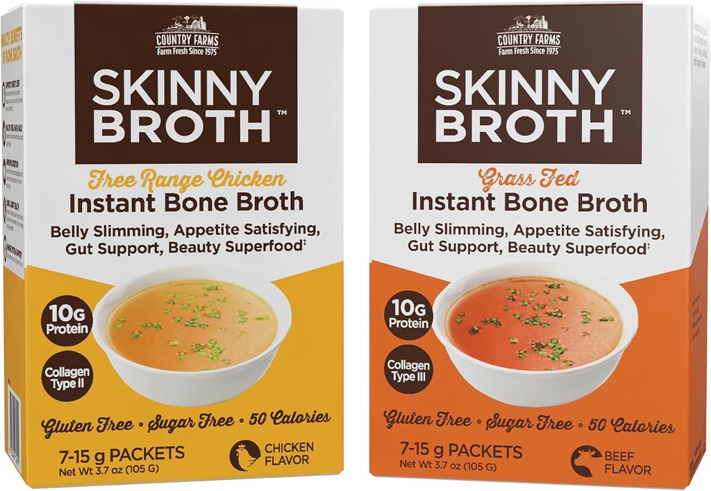 Skinny Broth 7-Day Plan with Instant Chicken and Beef Bone Broth - High Protein, Collagen, Digestive Support - 14-15g Packets for Bone and Joint Health