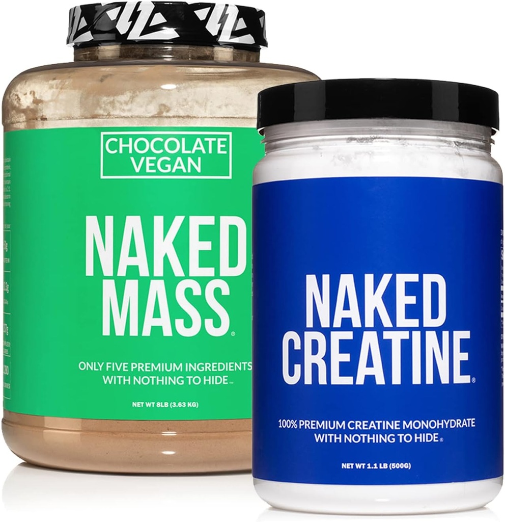 8LB Chocolate Vegan Mass and Creatine Bundle by Naked Nutrition - Soy-Free Protein Powder for Muscle Growth and Recovery