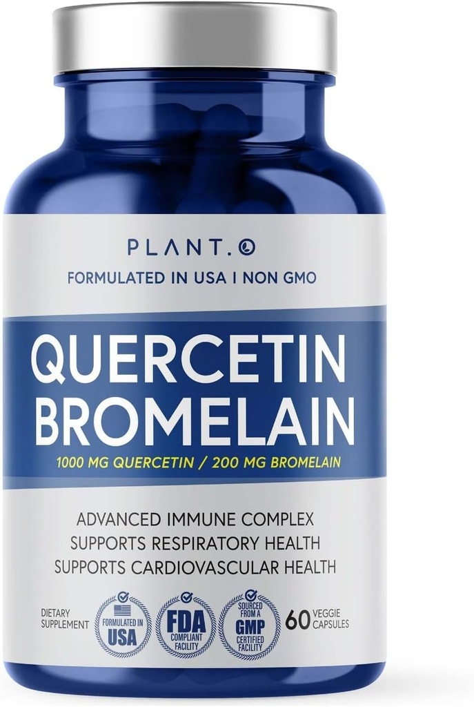 Quercetin and Bromelain Supplement 1000mg/200mg - Immune, Respiratory, Joint Support - Natural 60 Veg Capsules