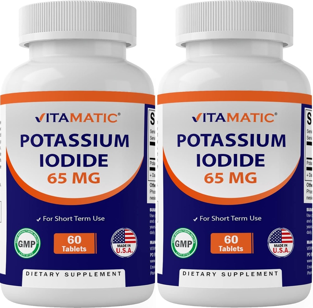 Pack of 2 Vitamatic Potassium Iodide 65 mg Tablets - Thyroid Support Supplement with KI - 120 Pills Total
