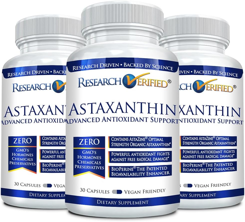 Research Verified Astaxanthin - Antioxidant for Skin, Brain, Eyes, Heart - Zinc, Vitamin E, BioPerine - 3 Month Supply - Non-GMO, USA Made