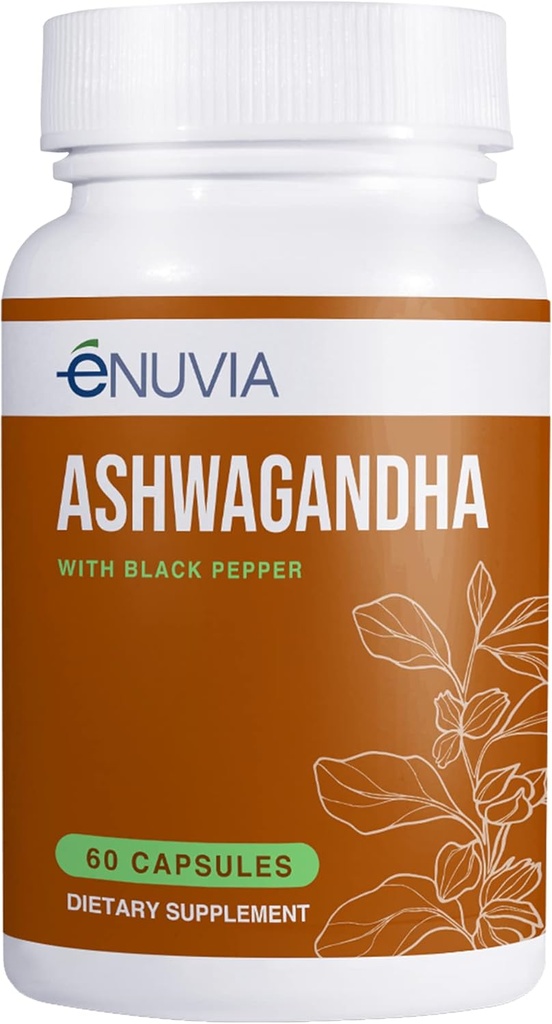 60 Capsules of eNUVIA Ashwagandha Supplement - Natural Relief and Stamina Support with Black Pepper Extract for Enhanced Absorption - Vegan and Made in the USA