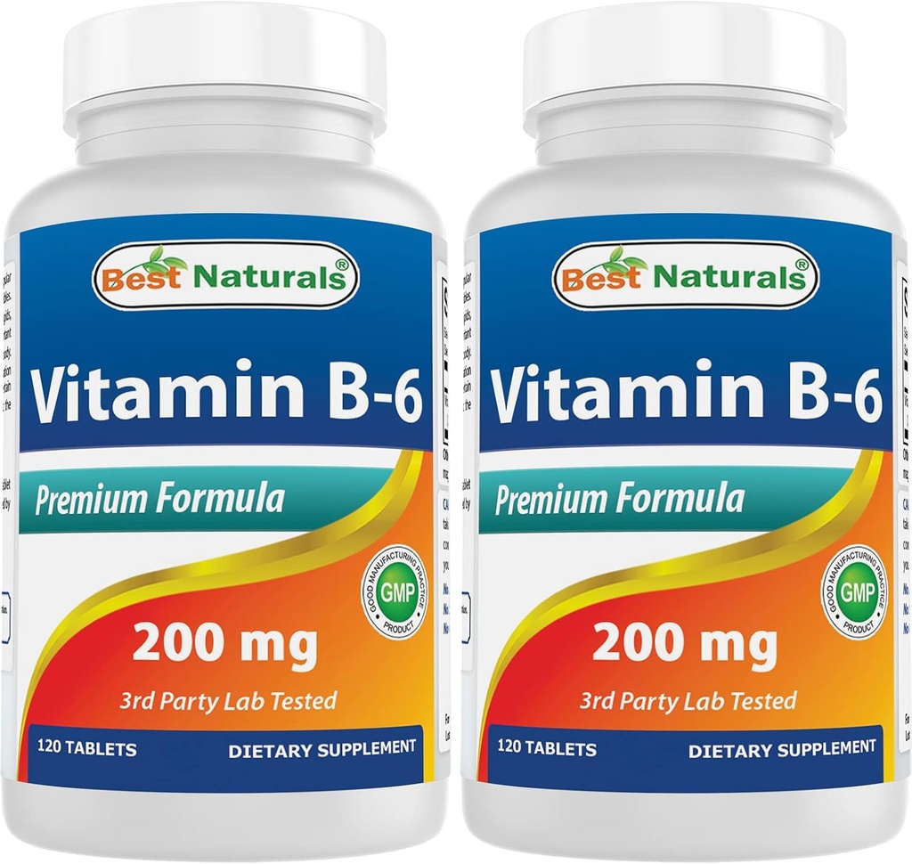 High Potency Vitamin B6 Supplement for Adults - 200mg, 120 Tablets (Pack of 2) by Best Naturals