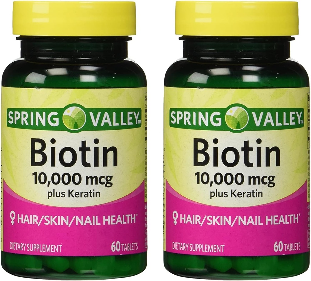 2-Pack Spring Valley Biotin 10000mcg with Keratin 100mg Dietary Supplement - 60 Tablets + Your Vitamin Guide©