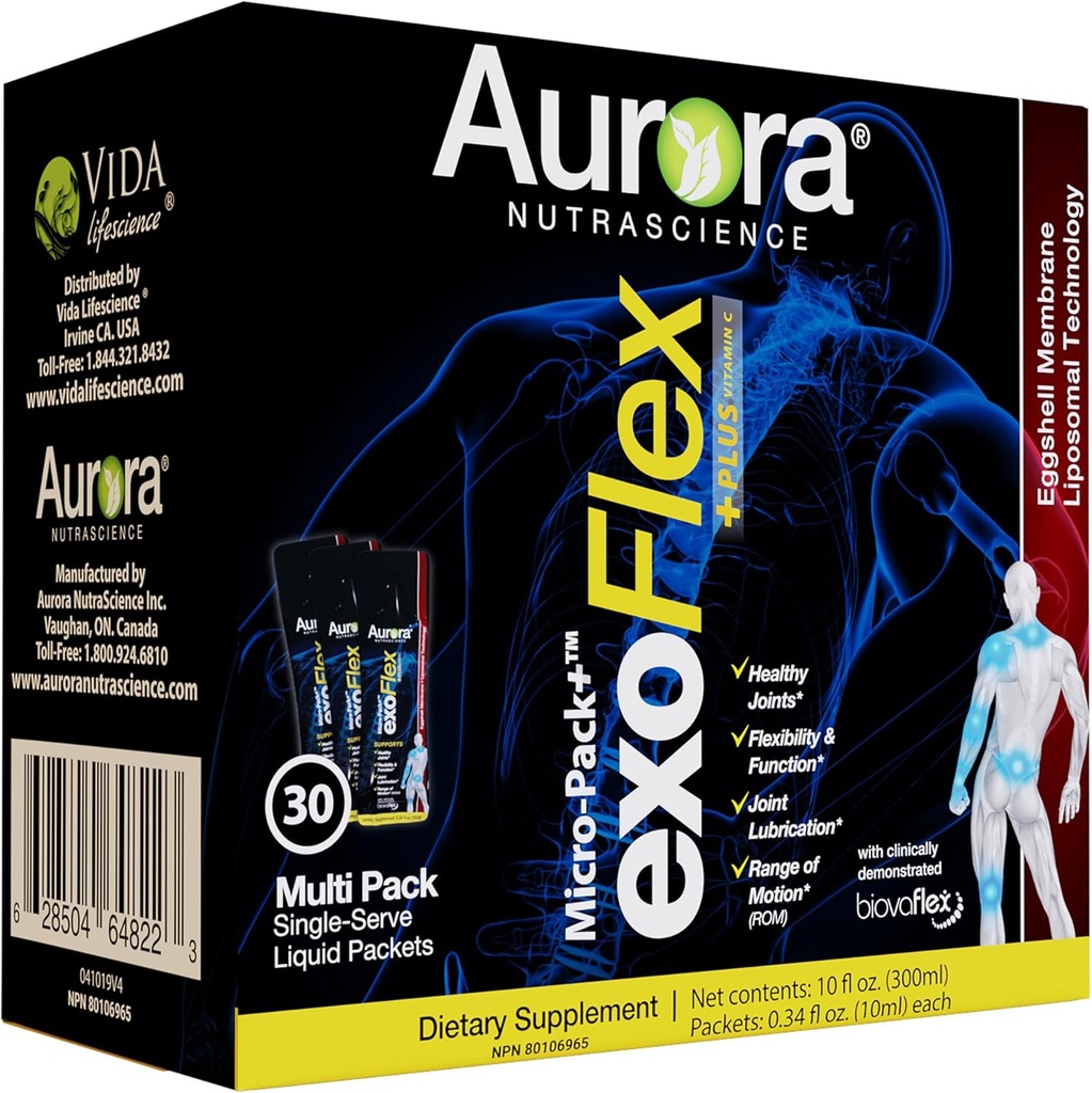 30 Single-Serve Packets of Liposomal exoFlex+ Vitamin C for Joint Support with Eggshell Membrane, Curcumin & Boswellia by Aurora Nutrascience