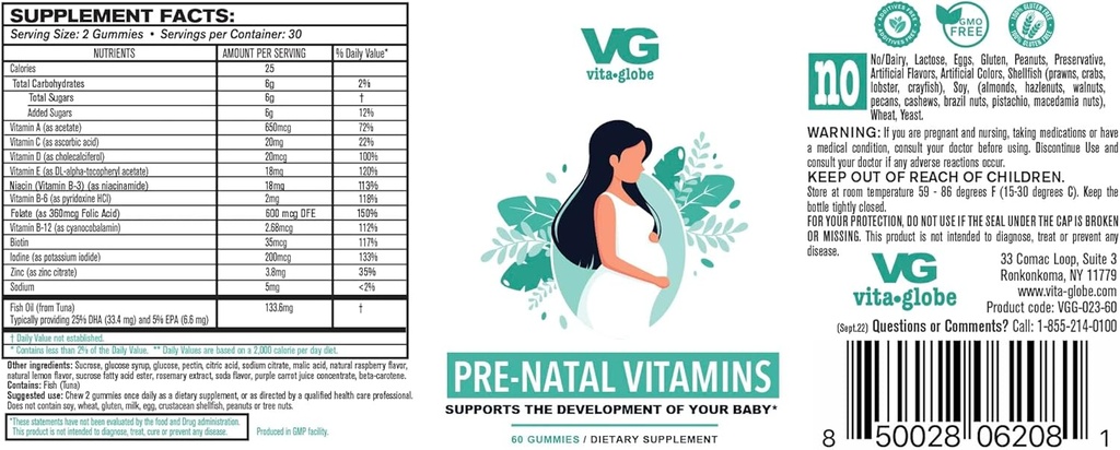 VITA GLOBE Prenatal Vitamin Gummy - 60 Count Women's Multivitamin for Growth, Brain Development, Vitamin A, D, E, B6, Folate, Biotin
