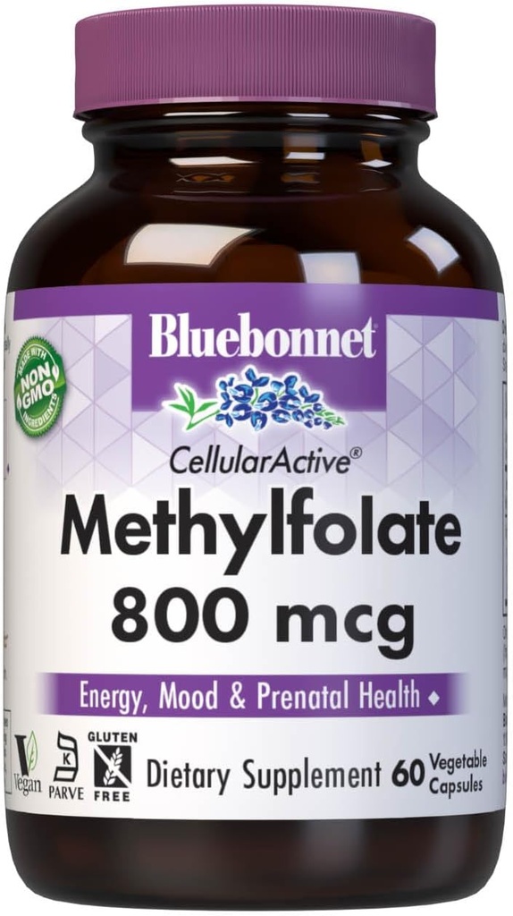 Bluebonnet Nutrition Methylfolate 800 mcg with Quatrefolic - Energy, Mood, Prenatal Health - Vegan, Gluten-Free - 60 Capsules