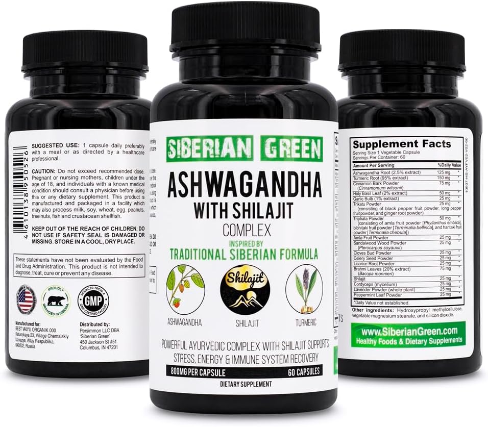60 Capsules of Siberian Green Ashwagandha, Altai Shilajit, and Turmeric Ayurvedic Complex for Stress Relief, Energy, Mood, and Immune System Support