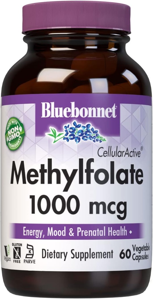 Bluebonnet Nutrition Methylfolate 1000 mcg with Quatrefolic - Energy, Mood, Prenatal Health - Vegan, Gluten-Free, Non-GMO - 60 Capsules