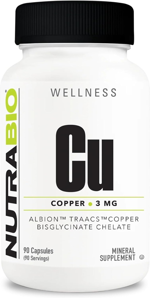 Immune Support Supplement - NutraBio Copper BisGlycinate Chelate (3mg) - 90 Capsules