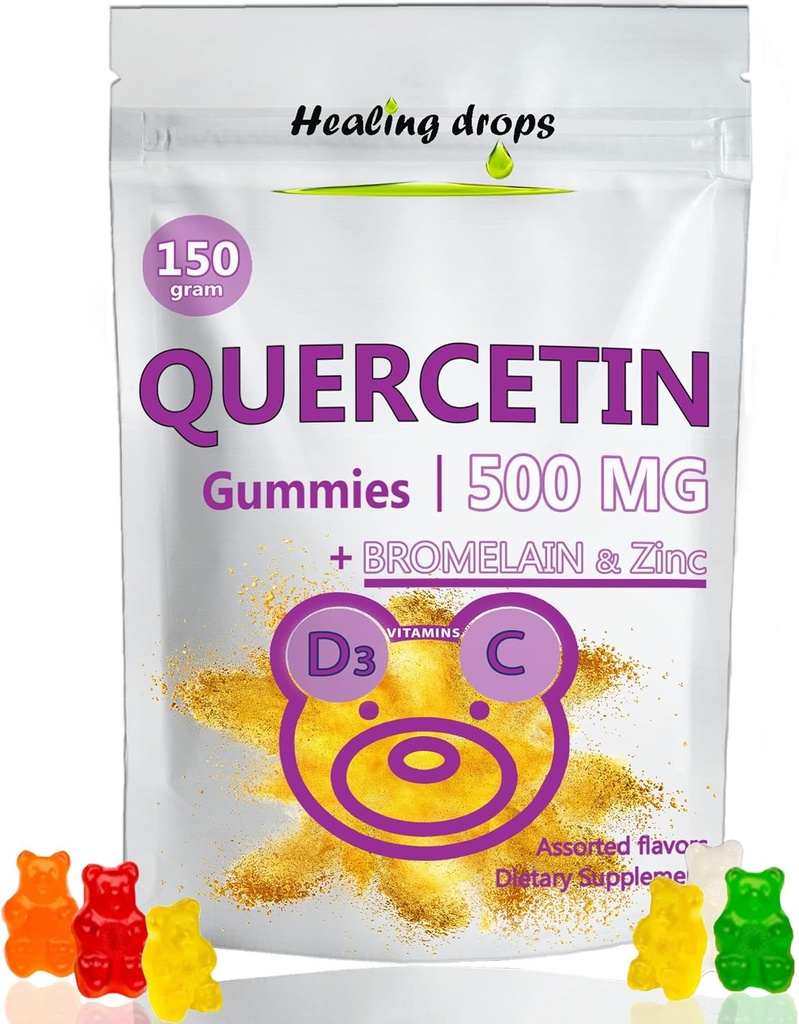Quercetin with Bromelain Gummies - Vitamin C, Zinc, and D3 - 500mg Healing Drops for Kids and Adults