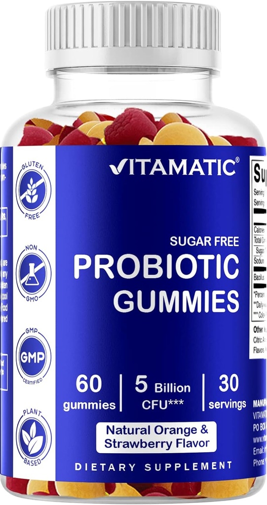 Sugar-Free Probiotic Gummies for Men and Women - 5 Billion CFUs - Supports Digestive, Immune, and Gut Health - Gluten-Free
