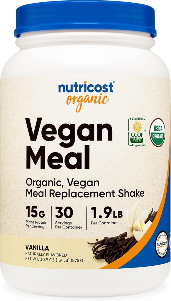 Certified USDA Organic Vanilla Vegan Meal Replacement Shake Powder - Nutricost Organic, Gluten Free Formula