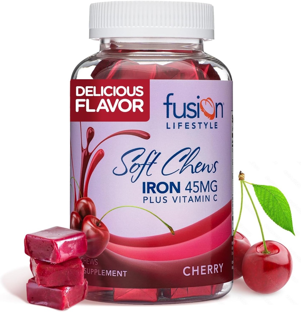 Cherry Flavored Chewable Iron Supplement for Men & Women - High Absorption Iron Vitamin C Soft Chews with Ferrous Fumarate - Ideal for Anemia, 2 Month Supply