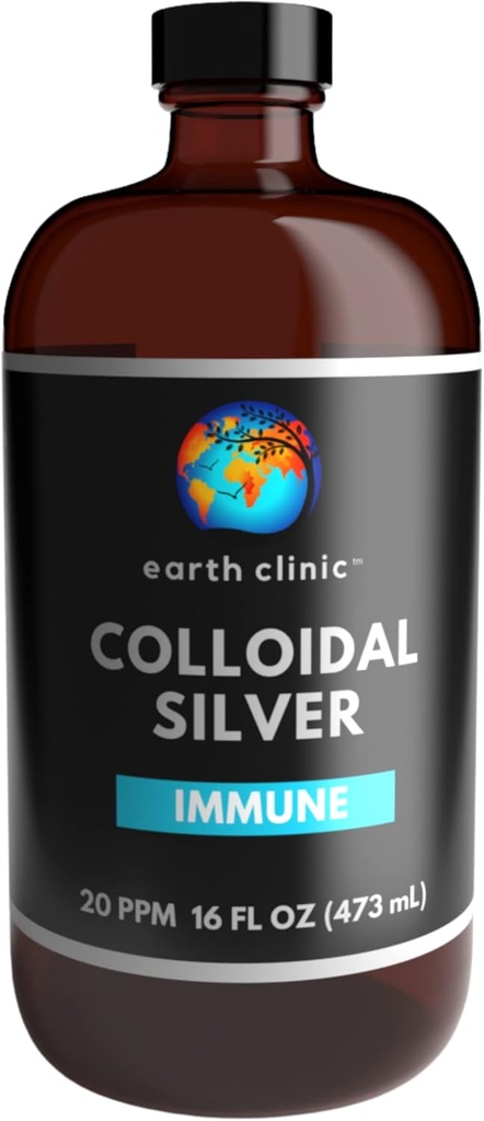 Large 16oz Earth Clinic ® Colloidal Silver 20 PPM in Amber Glass Bottle for Immune Support
