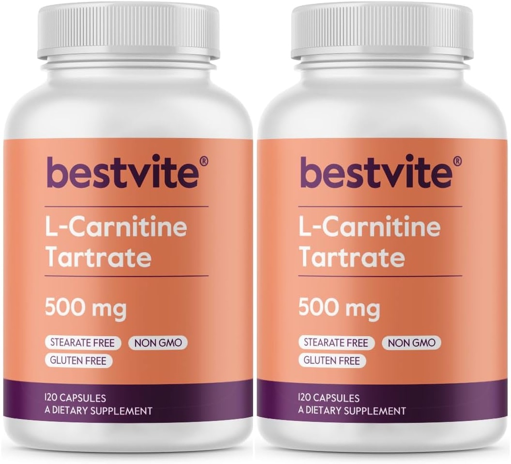 High Potency L-Carnitine Tartrate 500mg Capsules - 240 Count (2 Bottles of 120) - No Stearates - Non GMO - Gluten Free