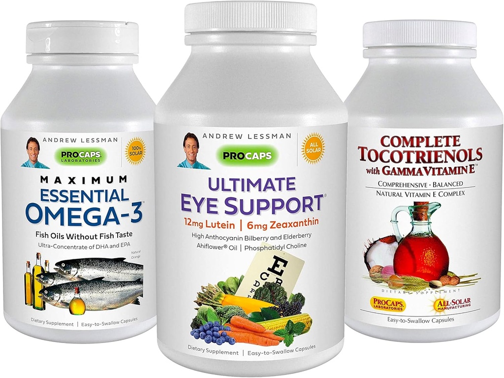 Andrew Lessman Eye Health Bundle: Ultimate Support for Eyes - Omega-3, Tocotrienols - 30 Softgels Each - Promotes Eye Health